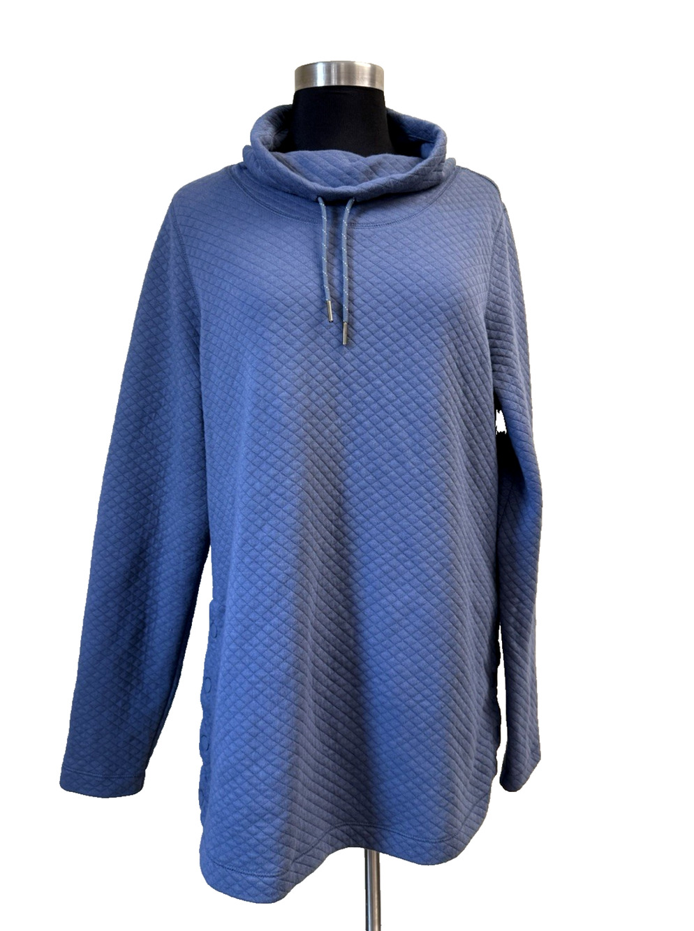 LL Bean SoftLight Quilted Funnel Neck Pullover Womens L Blue Side Snap Tunic